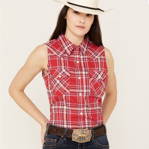Wrangler Red and White sleeveless Button Down plaid western Shirt Sz-M. P7 - Picture 10 of 12